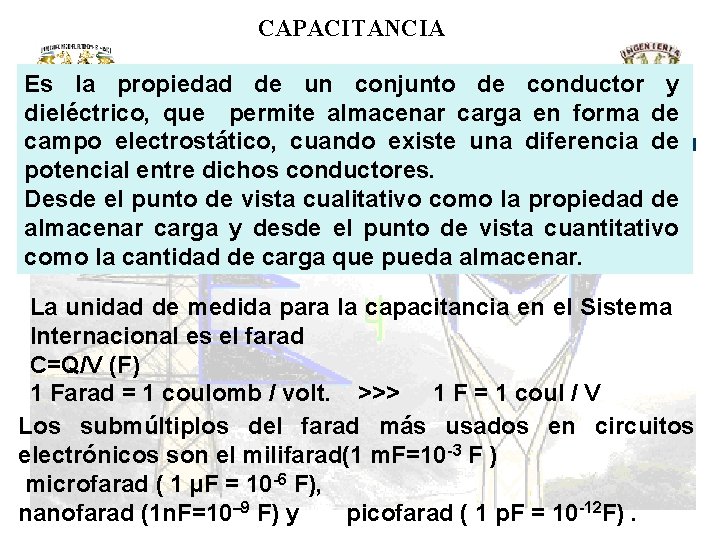 CAPACITANCIA Es la propiedad de un conjunto de conductor y dieléctrico, que permite almacenar