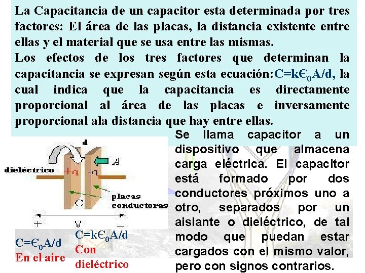 La Capacitancia de un capacitor esta determinada por tres factores: El área de las