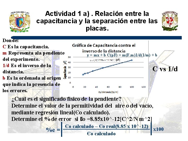 Actividad 1 a). Relación entre la capacitancia y la separación entre las placas. Donde: