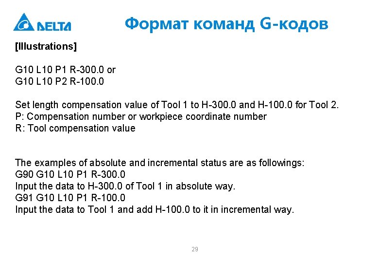 Формат команд G-кодов [Illustrations] G 10 L 10 P 1 R-300. 0 or G