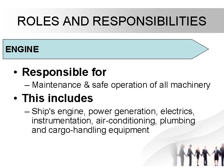 ROLES AND RESPONSIBILITIES ENGINE • Responsible for – Maintenance & safe operation of all