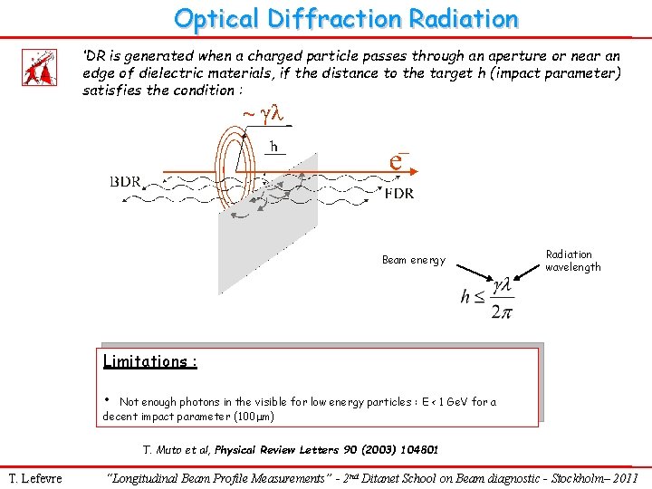 Optical Diffraction Radiation ‘DR is generated when a charged particle passes through an aperture