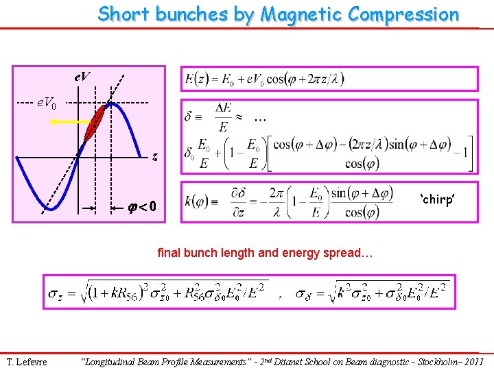 Short bunches by Magnetic Compression e. V 0 z ‘chirp’ j<0 final bunch length