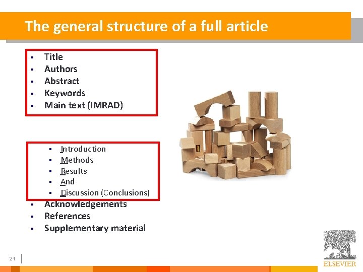 The general structure of a full article § § § Title Authors Abstract Keywords