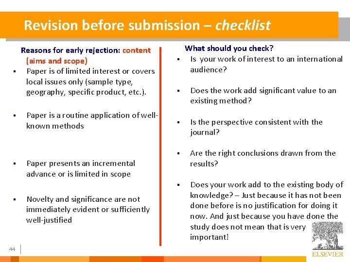 Revision before submission – checklist § § 44 Reasons for early rejection: content (aims