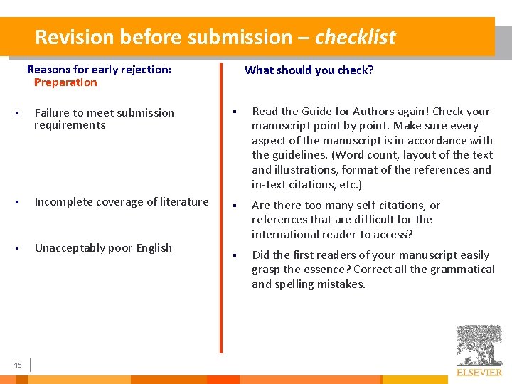 Revision before submission – checklist Reasons for early rejection: Preparation § Failure to meet