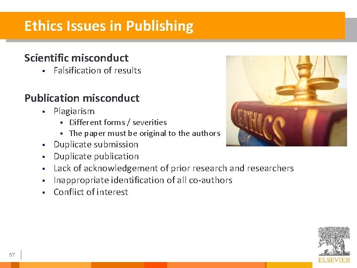 Ethics Issues in Publishing Scientific misconduct § Falsification of results Publication misconduct § Plagiarism