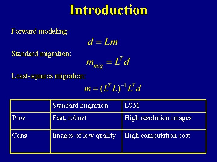 Introduction Forward modeling: Standard migration: Least-squares migration: Standard migration LSM Pros Fast, robust High