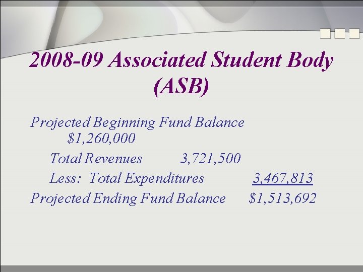 2008 -09 Associated Student Body (ASB) Projected Beginning Fund Balance $1, 260, 000 Total