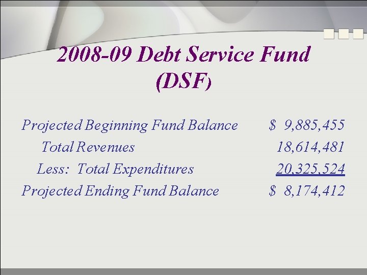 2008 -09 Debt Service Fund 2008 -09 Debt (DSF)Service Fund (DSF) Projected Beginning Fund