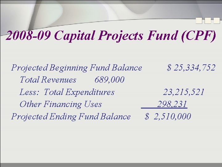 2008 -09 Capital Projects Fund (CPF) Projected Beginning Fund Balance $ 25, 334, 752