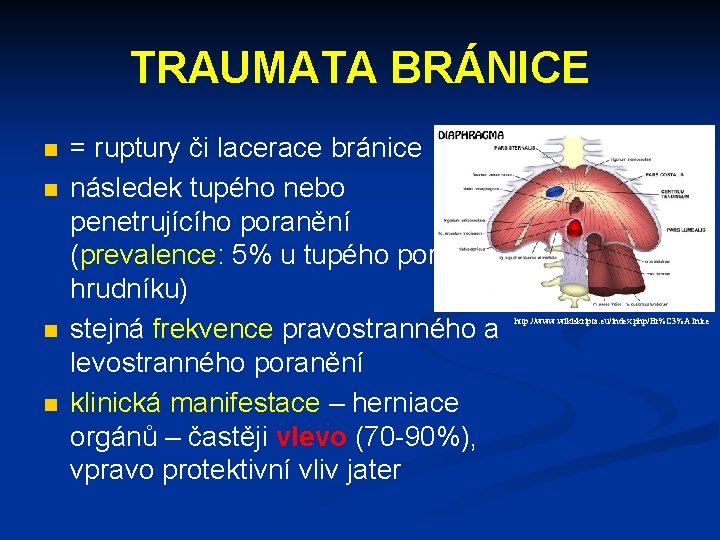 TRAUMATA BRÁNICE = ruptury či lacerace bránice následek tupého nebo penetrujícího poranění (prevalence: 5%