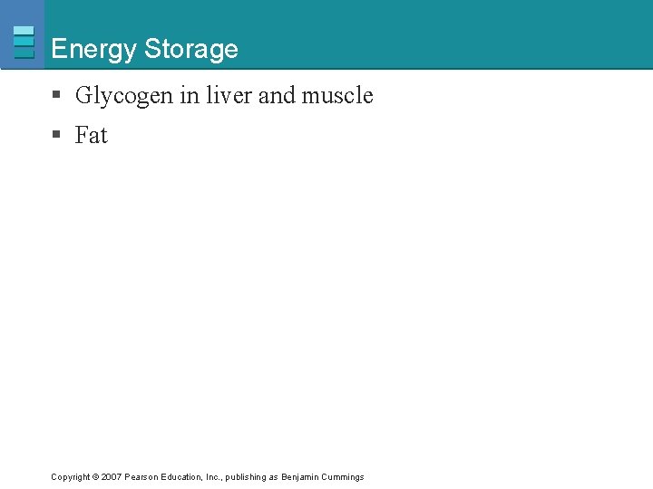Energy Storage § Glycogen in liver and muscle § Fat Copyright © 2007 Pearson