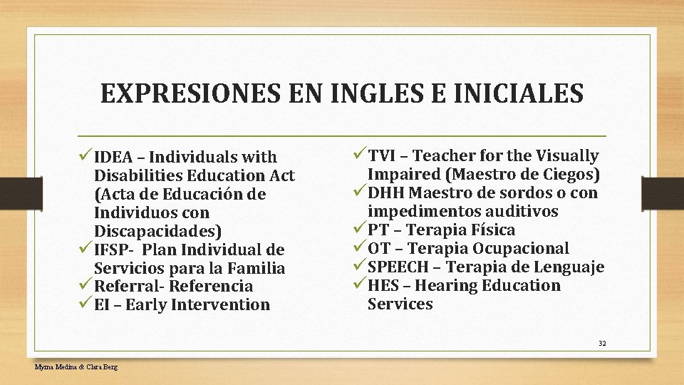 EXPRESIONES EN INGLES E INICIALES üIDEA – Individuals with Disabilities Education Act (Acta de