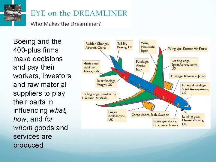 Boeing and the 400 -plus firms make decisions and pay their workers, investors, and