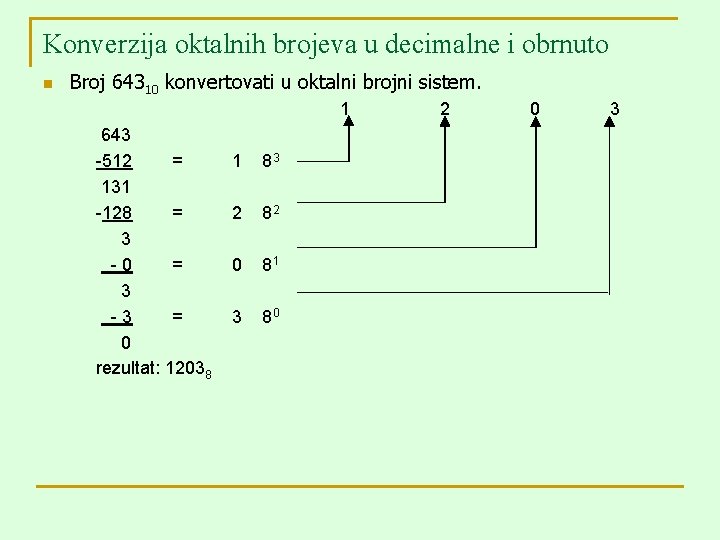 Konverzija oktalnih brojeva u decimalne i obrnuto n Broj 64310 konvertovati u oktalni brojni