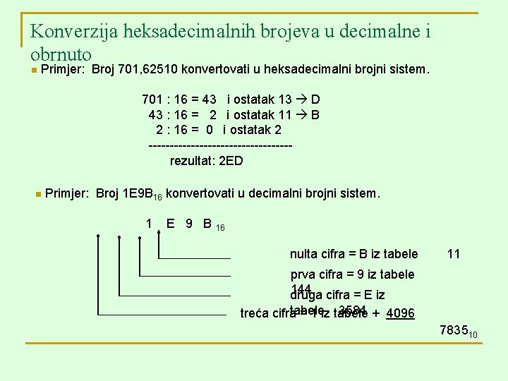 Konverzija heksadecimalnih brojeva u decimalne i obrnuto n Primjer: Broj 701, 62510 konvertovati u