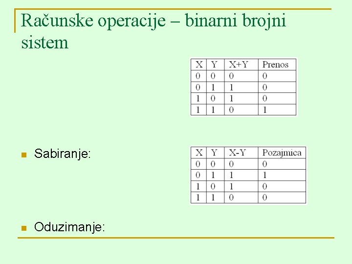 Računske operacije – binarni brojni sistem n Sabiranje: n Oduzimanje: 