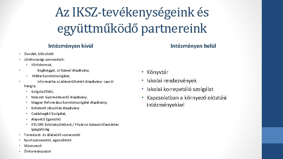 Az IKSZ-tevékenységeink és együttműködő partnereink Intézményen belül Intézményen kívül • Óvodák, bölcsődék • Jótékonysági