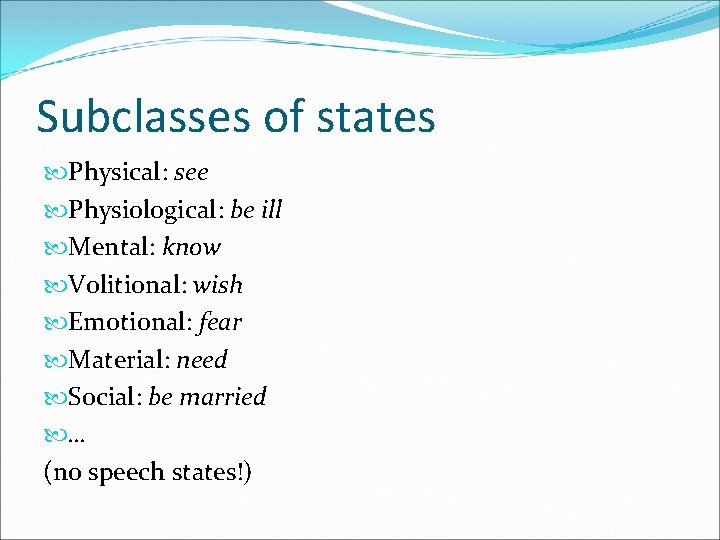 Subclasses of states Physical: see Physiological: be ill Mental: know Volitional: wish Emotional: fear