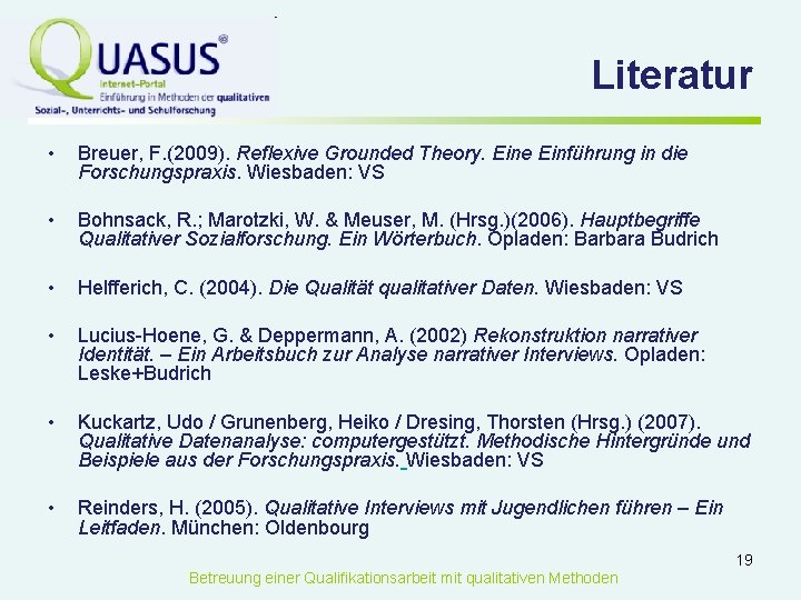 Literatur • Breuer, F. (2009). Reflexive Grounded Theory. Eine Einführung in die Forschungspraxis. Wiesbaden: