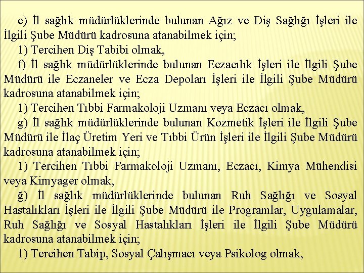 e) İl sağlık müdürlüklerinde bulunan Ağız ve Diş Sağlığı İşleri ile İlgili Şube Müdürü