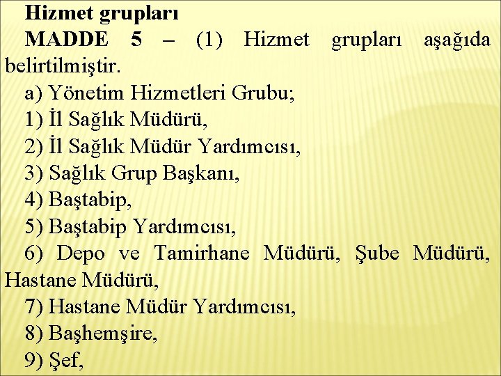 Hizmet grupları MADDE 5 – (1) Hizmet grupları aşağıda belirtilmiştir. a) Yönetim Hizmetleri Grubu;