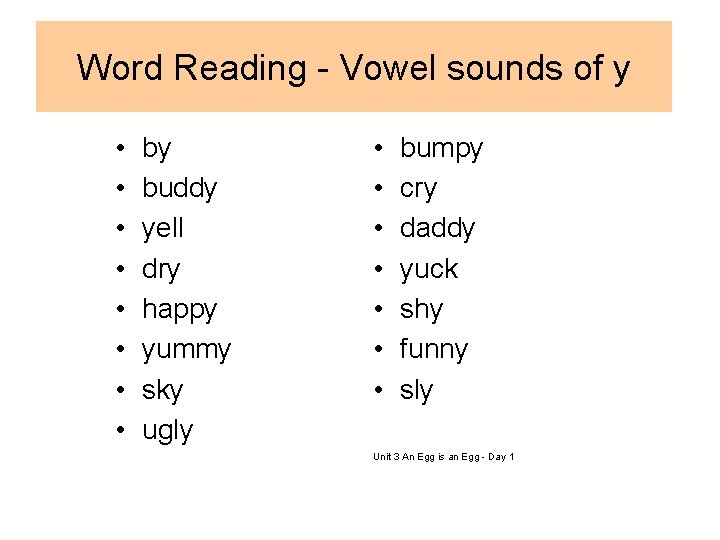 Word Reading - Vowel sounds of y • • by buddy yell dry happy