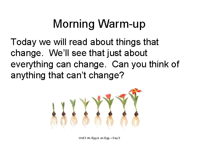 Morning Warm-up Today we will read about things that change. We’ll see that just