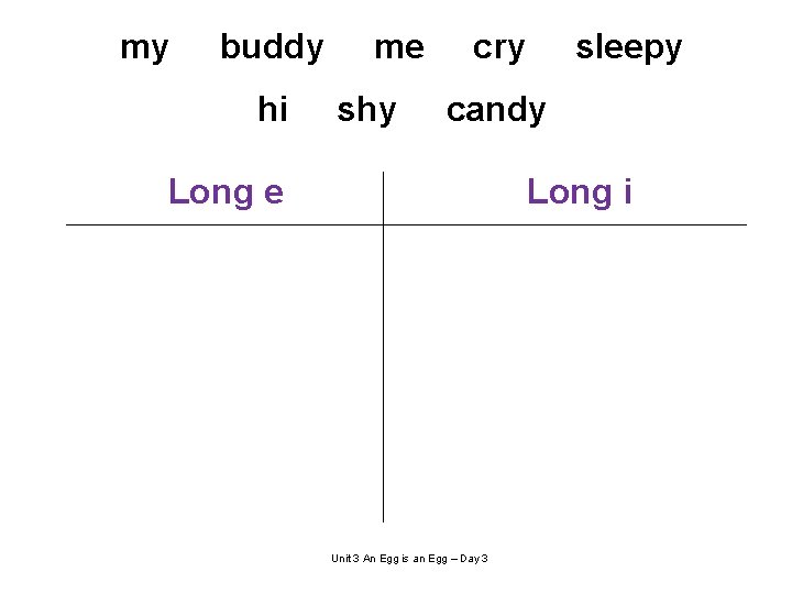 my buddy hi me shy cry sleepy candy Long e Long i Unit 3