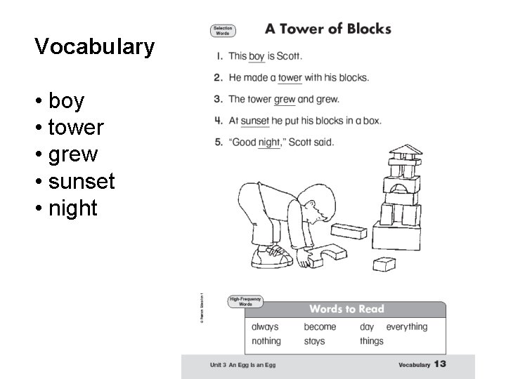 Vocabulary • boy • tower • grew • sunset • night 