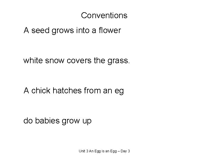 Conventions A seed grows into a flower white snow covers the grass. A chick