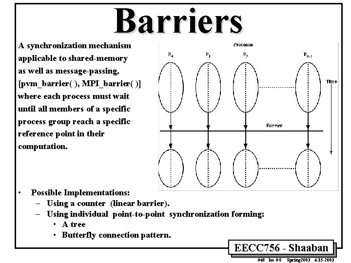 Barriers A synchronization mechanism applicable to shared-memory as well as message-passing, [pvm_barrier( ), MPI_barrier(