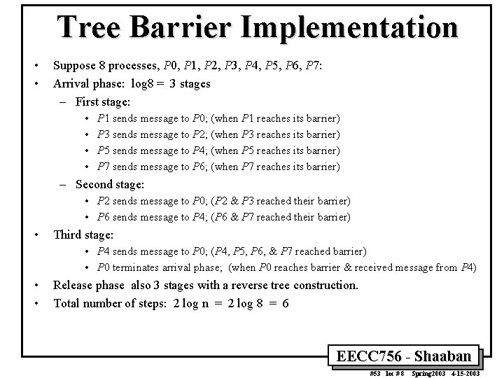 Tree Barrier Implementation • • Suppose 8 processes, P 0, P 1, P 2,