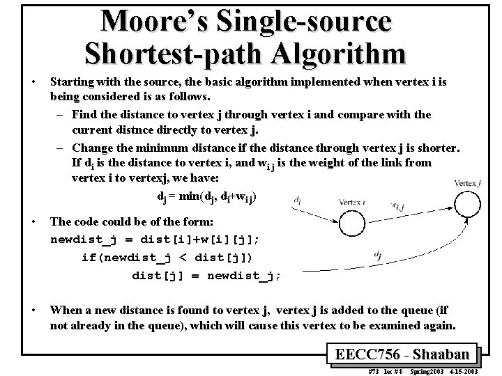 Moore’s Single-source Shortest-path Algorithm • Starting with the source, the basic algorithm implemented when