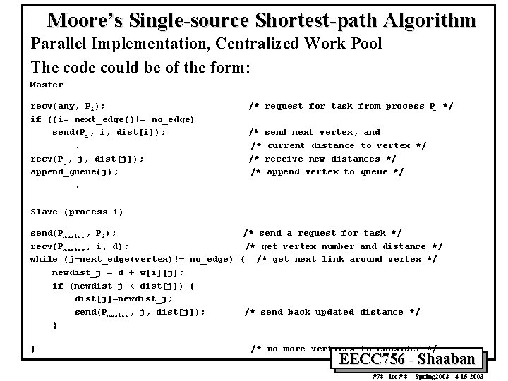 Moore’s Single-source Shortest-path Algorithm Parallel Implementation, Centralized Work Pool The code could be of