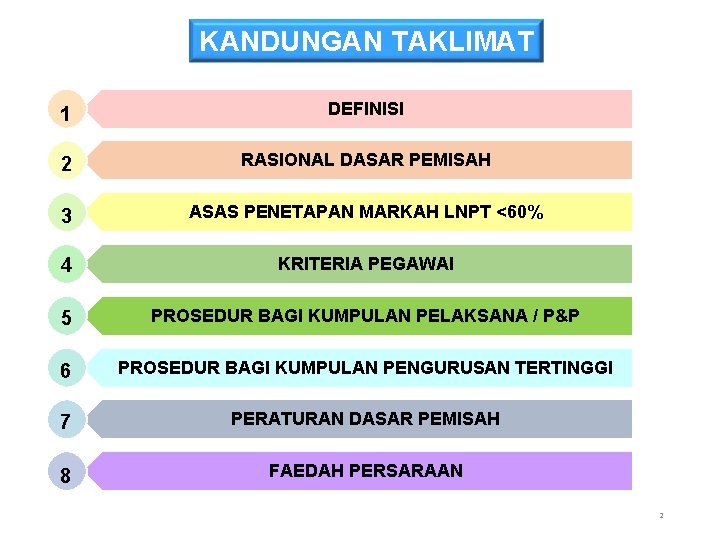 KANDUNGAN TAKLIMAT 1 DEFINISI 2 RASIONAL DASAR PEMISAH 3 ASAS PENETAPAN MARKAH LNPT <60%