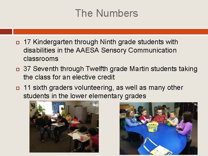 The Numbers 17 Kindergarten through Ninth grade students with disabilities in the AAESA Sensory