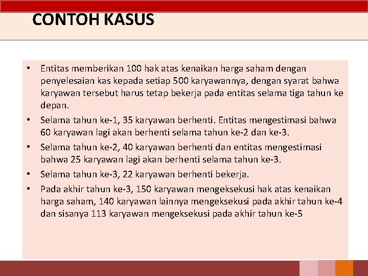 CONTOH KASUS • Entitas memberikan 100 hak atas kenaikan harga saham dengan penyelesaian kas