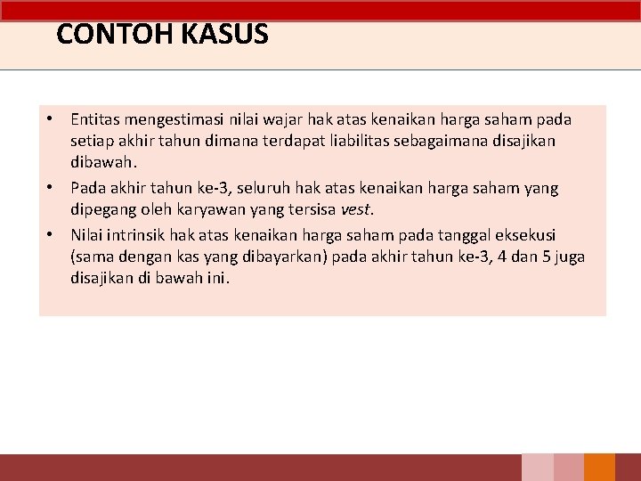 CONTOH KASUS • Entitas mengestimasi nilai wajar hak atas kenaikan harga saham pada setiap