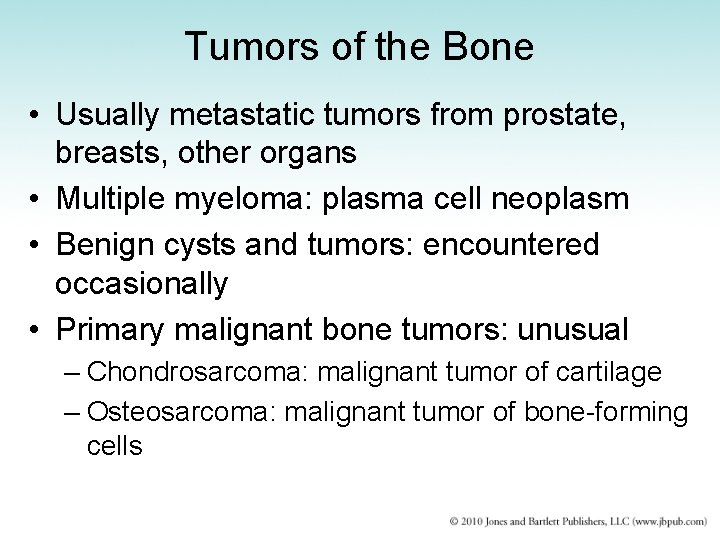 Tumors of the Bone • Usually metastatic tumors from prostate, breasts, other organs •