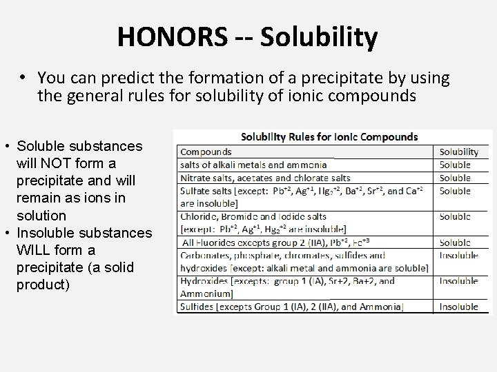 HONORS -- Solubility • You can predict the formation of a precipitate by using