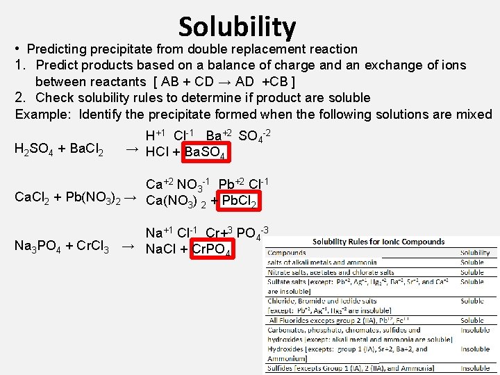 Solubility • Predicting precipitate from double replacement reaction 1. Predict products based on a