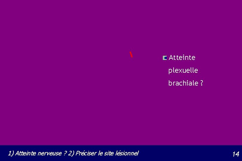 Atteinte plexuelle brachiale ? 1) Atteinte nerveuse ? 2) Préciser le site lésionnel 14