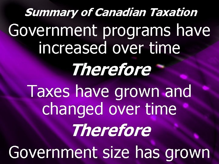 Summary of Canadian Taxation Government programs have increased over time Therefore Taxes have grown