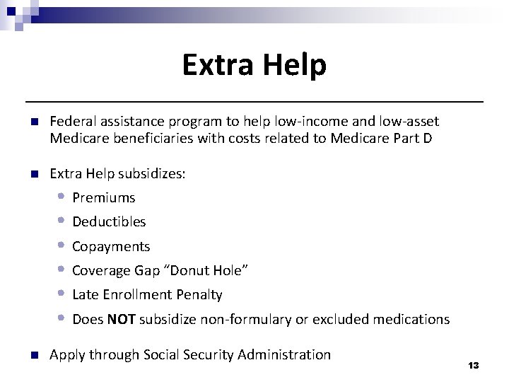 Extra Help n Federal assistance program to help low-income and low-asset Medicare beneficiaries with