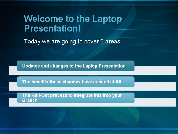 Welcome to the Laptop Presentation! Today we are going to cover 3 areas: Updates