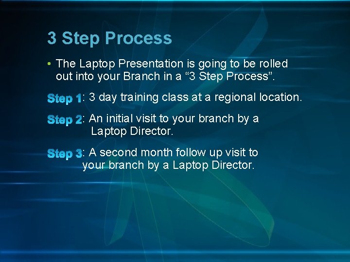 3 Step Process • The Laptop Presentation is going to be rolled out into