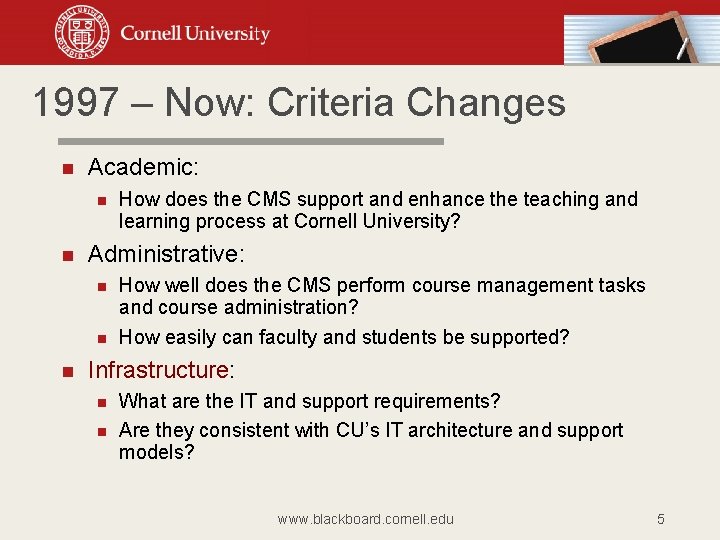 1997 – Now: Criteria Changes Academic: Administrative: How does the CMS support and enhance