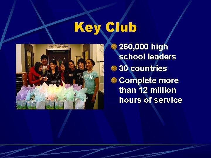 Key Club 260, 000 high school leaders 30 countries Complete more than 12 million